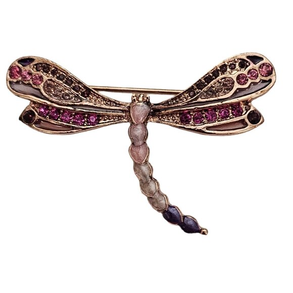 Liz Claiborne Pink Purple Rhinestone Dragonfly Brooch Pin, Signed L309 - Picture 1 of 8